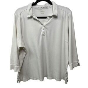 L.L. Bean Women's 2X White 3/4 Sleeve‎ Button Polo Shirt Top Collared